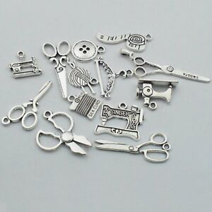 4 Sewing Themed Charms Antiqued Silver Seamstress Jewelry Making Stitch Mix