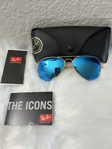 Ray-Ban RB3025 Aviator Large Metal Sunglasses 55mm Matte Gold With Blue Mirror