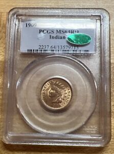:1909 1C INDIAN CENT NEAR GEM PCGS MS64RD W CAC BRIGHT RED RARE R3 HIGH-GRADE