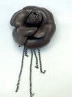 Chanel Vintage Leather Camellia Pin Brooch Corsage Brown Chain Silver