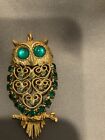 Vintage Owl Goldstone With Green & Crystal Rhinestone Pendant