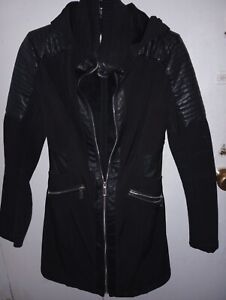 BCBG Womens Sz xs black moto coat mod Faux leather mid length