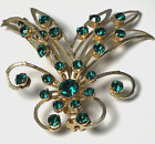 VTG Rhinestone Brooch Faceted Riveted Green & Gold Tone Unsigned FREE SHIP