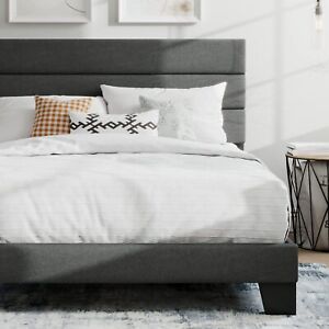 Slat Platform Bed Frame Full Queen King Size with Fabric Upholstered Headboard