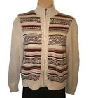 Eddie Bauer cardigan sweater Nordic style beige maroon stripes zip front size L