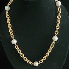 Anne Klein Textured Gold Tone Chain Large Faux Pearl Necklace Toggle Vintage
