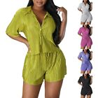 Women Summer Shorts Set Two Piece Solid Casual Short Sleeve Button Shirts Shorts