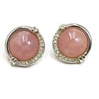 Pink Rose Earrings Quartz Stone Crystal Stud Rhinestone Accents Silver Tone