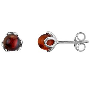 925 Solid Pure Sterling Silver Red Baltic Amber Designer Flower Stud Earrings