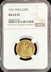 1951 GOLD PERU 20 SOLES SEATED LIBERTY COIN NGC MINT STATE 63 PROOF LIKE