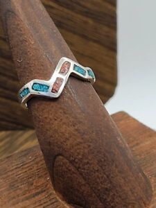 Vintage Native American Silver Turquoise Coral Ring Size 6