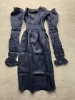 Sleeper Dress Womens Navy Michelin Smocked Midi  Flounced Cuffs Linen Pick Size