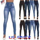 Womens High Waist Jeans Denim Pencil Pants Jeans Button Stretchy Skinny Jeggings