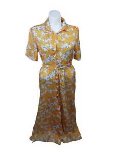 Women's Floral Yellow Button Down Dress w/ Belt (Size: XL)