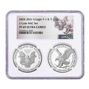 2pc - 2020-2021-S Proof American Silver Eagle Type 2 NGC PF69 UC 2-Coin Holde...