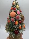 Vtg Japan Christmas Bottle Brush 6” Tree Fruit Decorated Ornament Wood Base