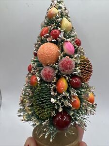 New ListingVtg Japan Christmas Bottle Brush 6” Tree Fruit Decorated Ornament Wood Base