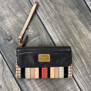 Fossil Leather Wallet Wristlet Long Live Vintage Stripes Black Tan Patchwork