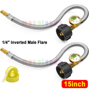 15 inch RV Propane Pigtail Hose with Gauge 1/4”Inverted Male Flare 2Pcs 5-40lb
