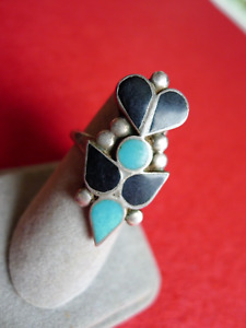 Vintage Native American Zuni Turquoise Onyx Sterling Silver Ring Size 5-1/2