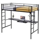 Twin Size Loft Metal Bunk Bed with Desk and Ladder, Shelf, Space-Saving