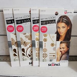 (4) Packs New Scunci Hair & Body Tattoo 2 Sheets Per Pack Gold & Silver