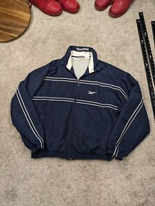 Vintage Reebok Mens Large Track Jacket Lined Blue Stripe Cotton Polyester 90s