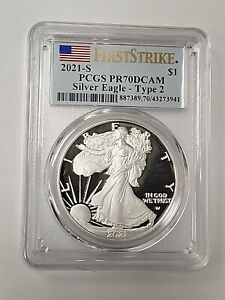 2021 - S FIRST STRIKE AMERICAN SILVER EAGLE PCGS PR 70 DCAM TYPE 2