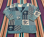 Vintage 90's Northern Isles Women's Blue Knit Patchwork Cardigan Sweater Size XL