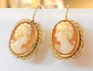 Vintage Hand Carved Shell Woman Cameo Solid 14K Yellow Gold Wire Hook Earrings