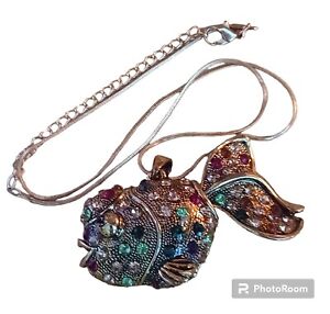 Vintage Colorful  Rhinestone Articulated Fish Goldtone Pendant Necklace