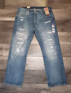 Levis 501 150th Anniversary Distressed Button Fly Denim Blue Jeans Mens 36x30