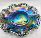 VTG Indiana Glass Blue Carnival Glass, English Hobnail 10'' Ruffled Plate