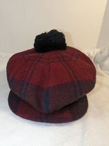 Vintage Lindsay Tartan Scotland Pom  Pom Dark Red Plaid Golf Cap Size XL Tam