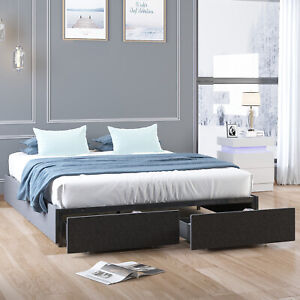 King Size Platform Bed Frame with 2 Storage Drawers, No Headboard, Gray/Beige