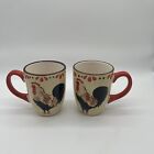 Pfaltzgraff Garden Rooster Set of 2 Coffee Mug, Brown Rim Red Handle 4 1/2 in