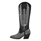 Onlymaker Gorgous Sexy Cowboy Cowgirl Rhinestone Embellished Western Boots Black