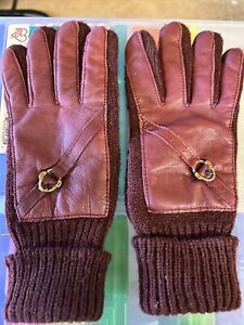 ETIENNE AIGNER Gloves Dark Maroon Womens One Size Knit & Leather Accent Vintage