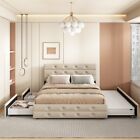 Upholstered Platform Bed with Twin Trundle and Storage Drawers Underneath Queen
