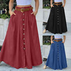 Women Solid Boho Casual Loose Buttons Maxi Skirt Swing Pockets Long Dress Skirts