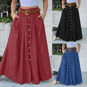 Women Solid Boho Casual Loose Buttons Maxi Skirt Swing Pockets Long Dress Skirts