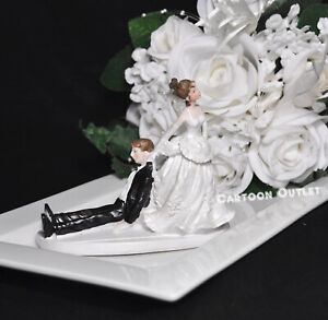 WEDDING CAKE TOPPER FIGURINE BRIDE AND GROOM HUMOR FUNNY COUPLE Dragging GROOM