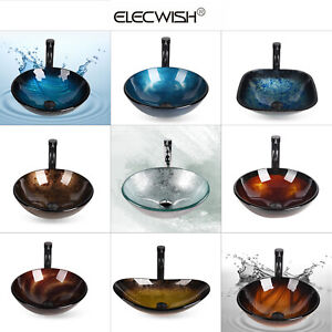 Bathroom Vanity Vessel Sink Bowl Tempered Glass Counter Top Faucet Pop-up Drain