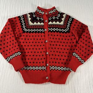 Herman Mehren Sweater Womens Large Red Cardigan Fair Isle Nordic Wool Hand Knit