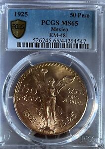 1925 Centenario 22k Gold Mexican 50 Pesos Coin  PCGS MS65 Only 5 Finer.