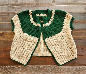 Vintage Handmade Crochet Knit Cardigan Granny Sweater Green Tan Boho Cottagecore