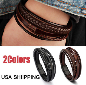 Men Jewelry Black Braided Leather Bracelet Multi-Layer Stainless Steel Clasp US