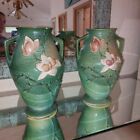 2- 1943 Roseville Pottery Green Magnolia Pattern 97-14 Floor Vase 14 Inches Tall