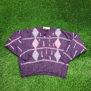 Vintage 80s Argyle Mohair Jumper Sweater Womens M-Short 21x19 Lavender Purple