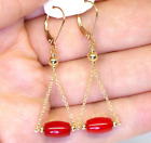 Attractive 14K Solid Yellow Gold Cable Chain Red Coral Dangle Earrings